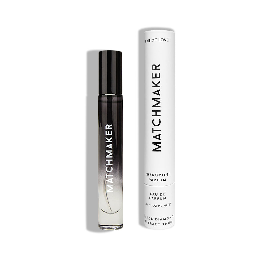 Eye of Love Matchmaker Black Diamond Attract Them LGBTQ Pheromone Parfum 10 ml Attract Them 10 ml roll-on beside silver Matchmaker carton