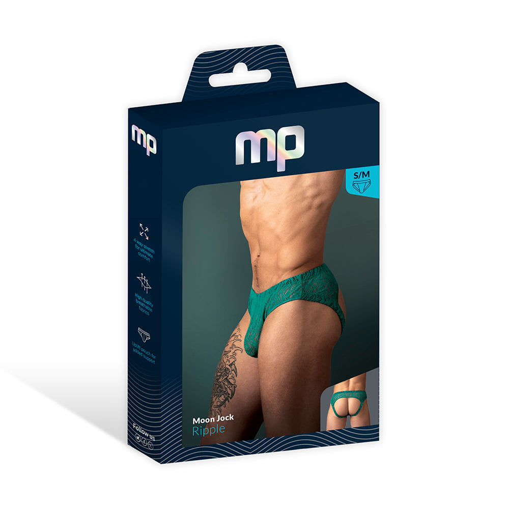 Male Power Ripple Moon Jock Teal S/M Male Power Ripple Moon Jock in teal size S/M displayed in a navy window retail box