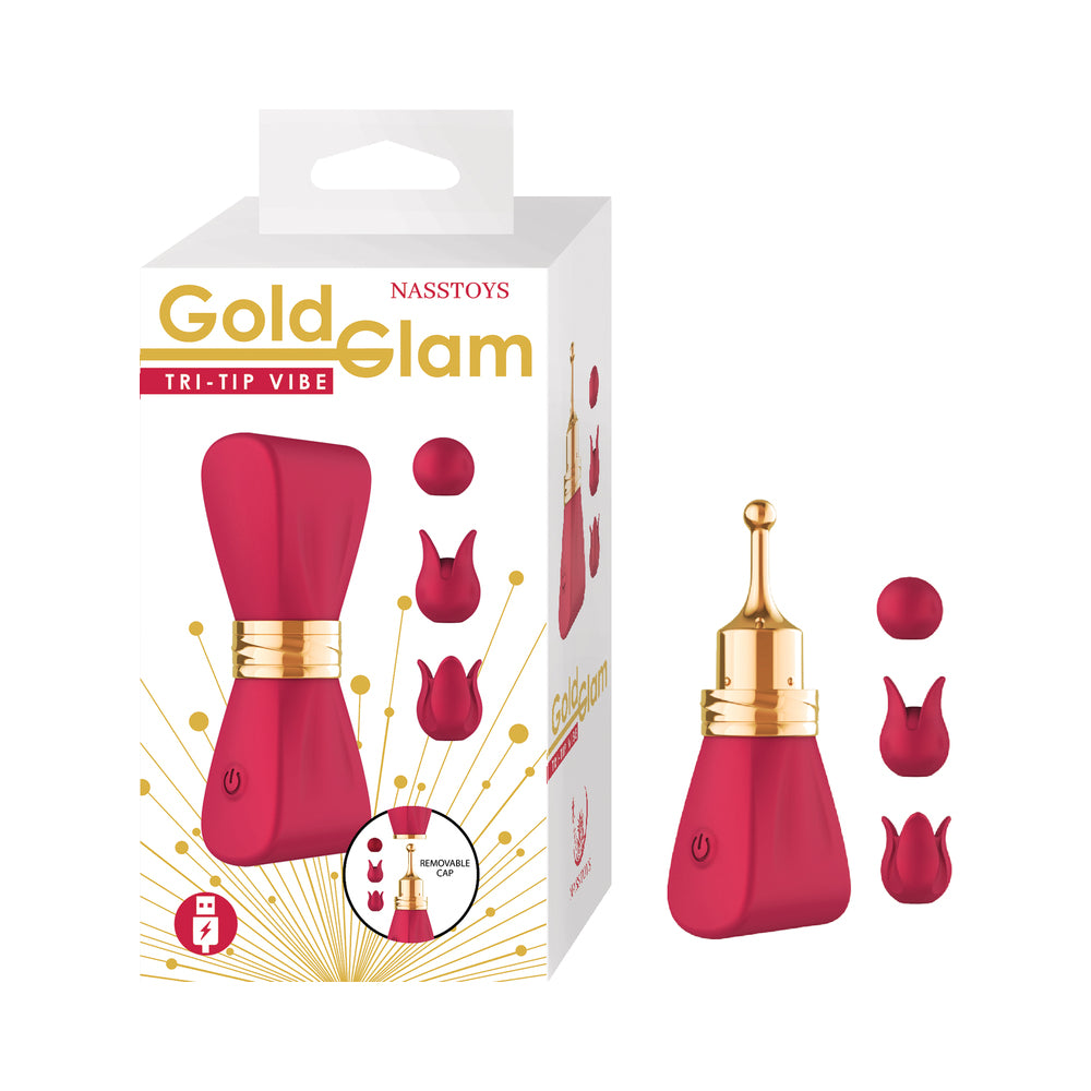 Gold Glam Tri-Tip Vibe Red Red Gold Glam Tri-Tip device and three caps beside retail box