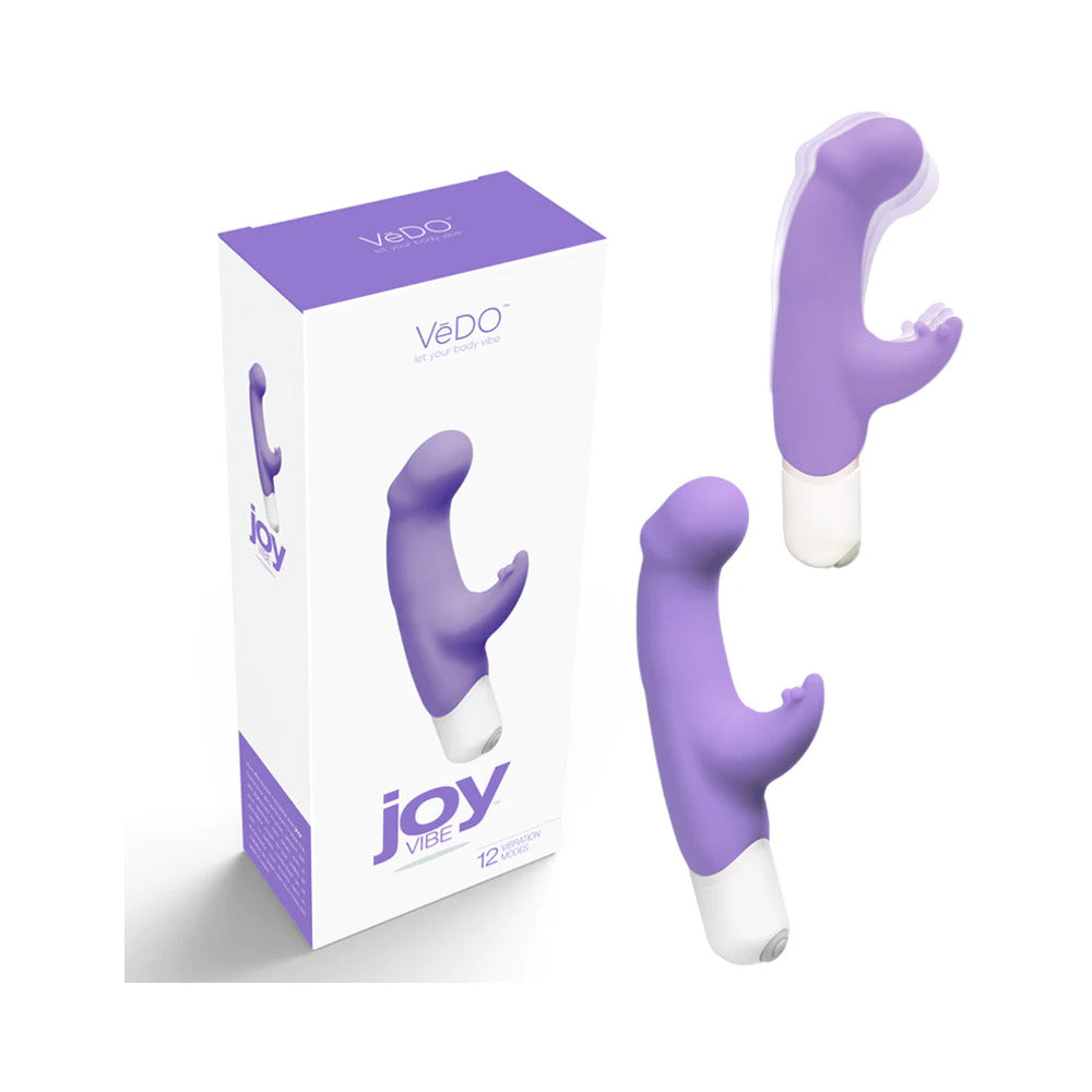 VeDO Joy Mini Vibe Orgasmic Orchid VeDO Joy Orgasmic Orchid rabbit vibrator beside purple retail box