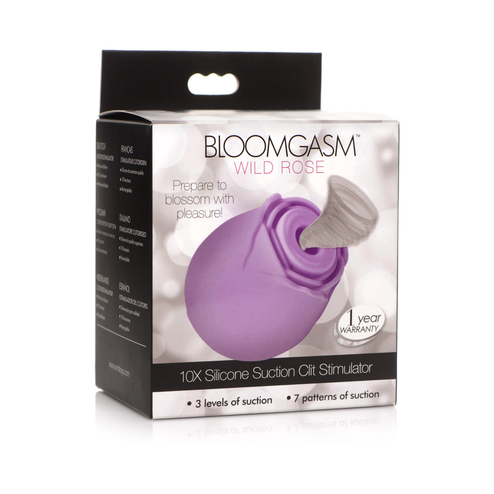 Bloomgasm 10X Wild Rose Silicone Suction Clit Stimulator Purple purple Bloomgasm Wild Rose silicone suction stimulator pictured on retail box