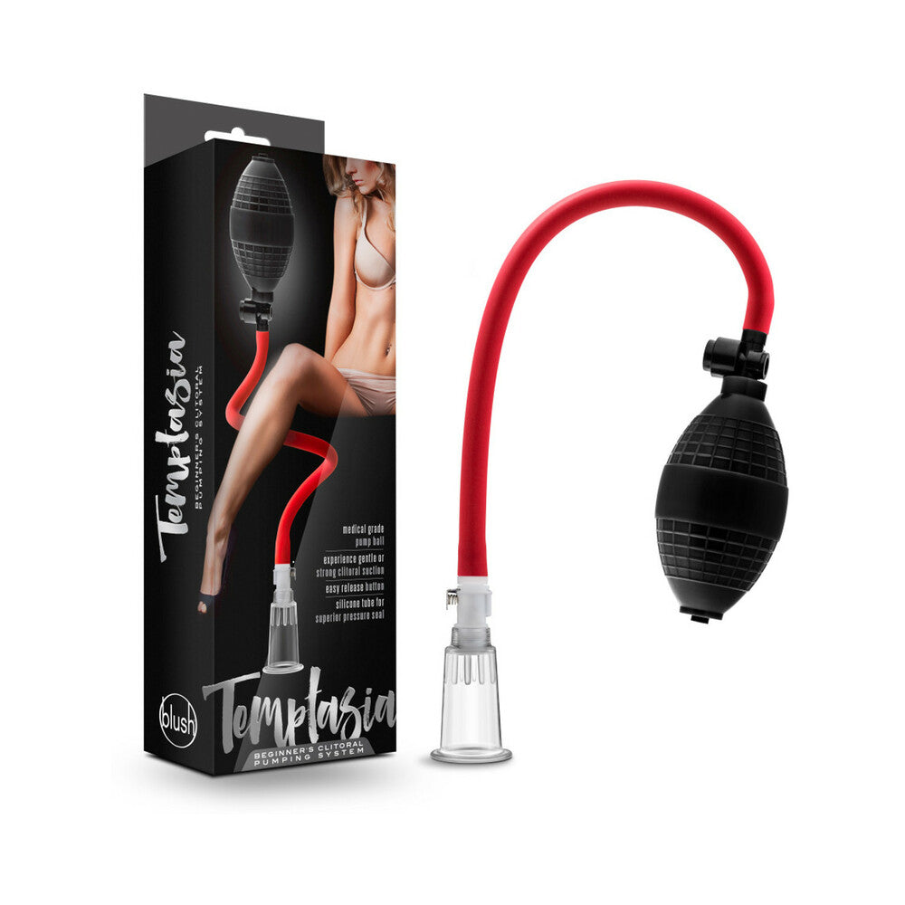 Temptasia Beginner''s Clitoral Pumping System Black Temptasia Black Bulb Pump Kit beside retail carton