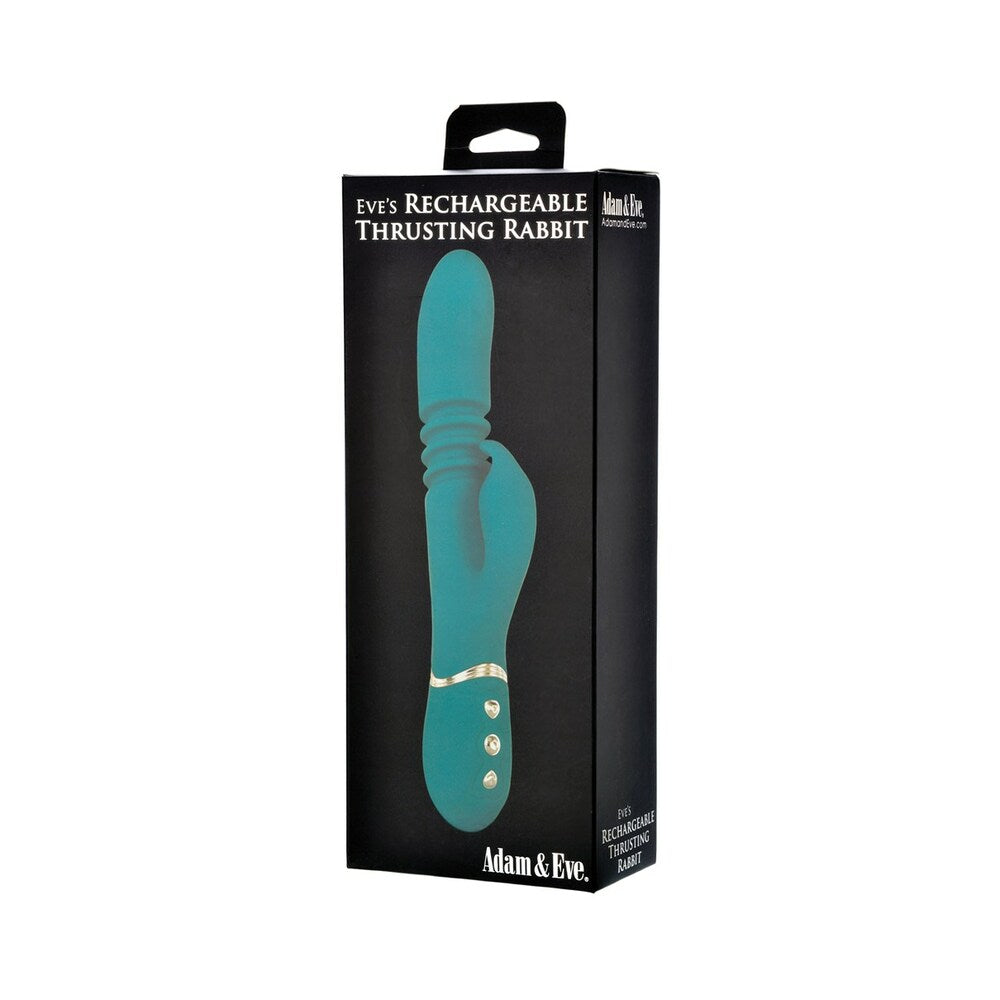 Adam & Eve Eve''s Rechargeable Thrusting Rabbit Adam & Eve Eve's teal rechargeable thrusting rabbit pictured on black retail box