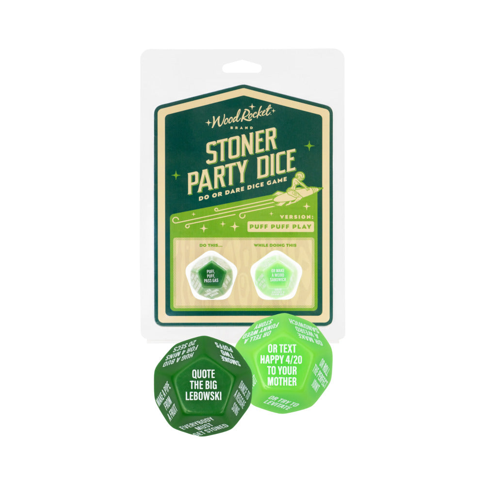 Stoner Party Dice: Puff Puff Play Wood Rocket Stoner Party Dice green blister card with two green prompt dice