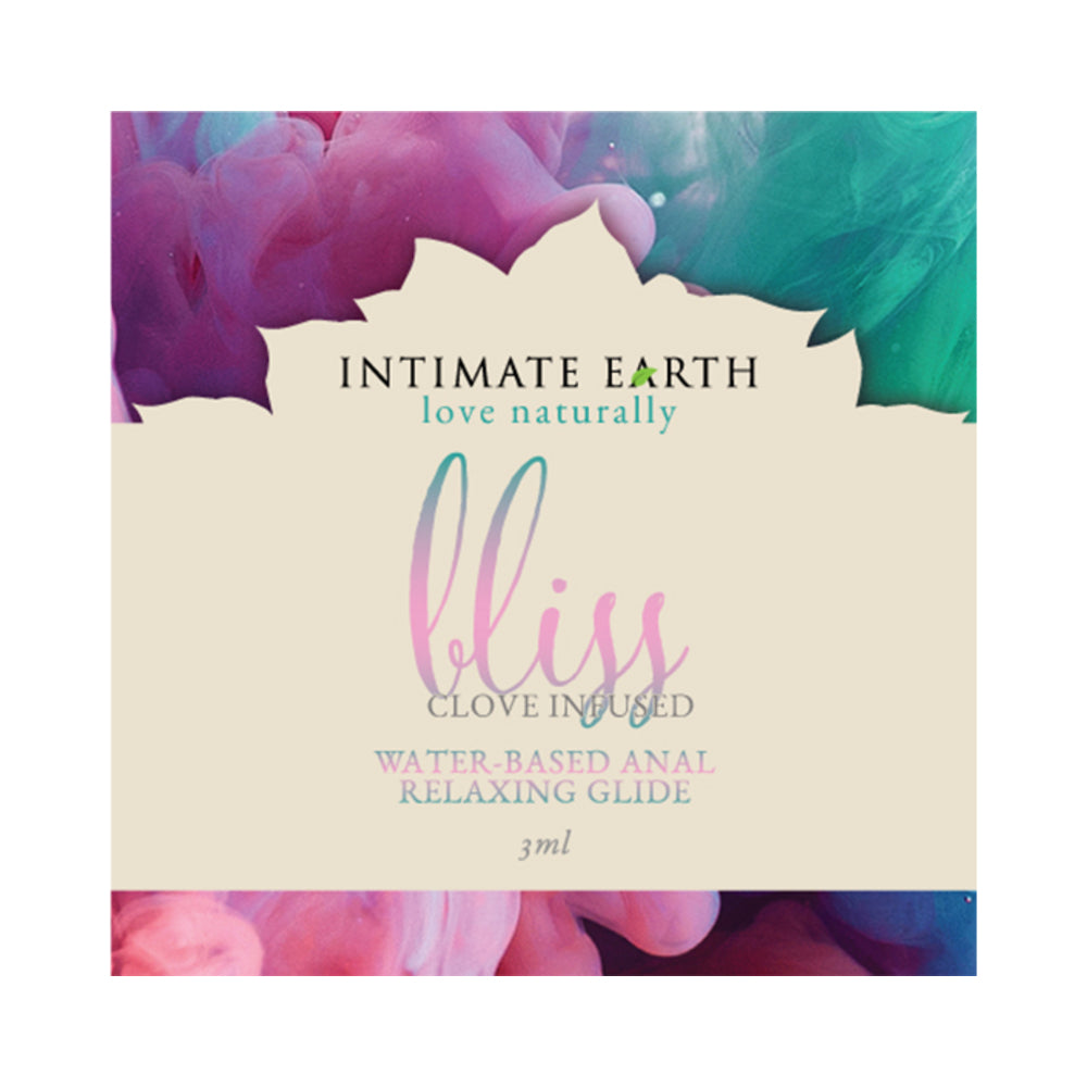 Intimate Earth Bliss Anal Relaxing Waterbased Glide 3 ml/0.10 oz/0.10 oz Foil Intimate Earth Bliss 0.1 oz cream foil packet with floral border