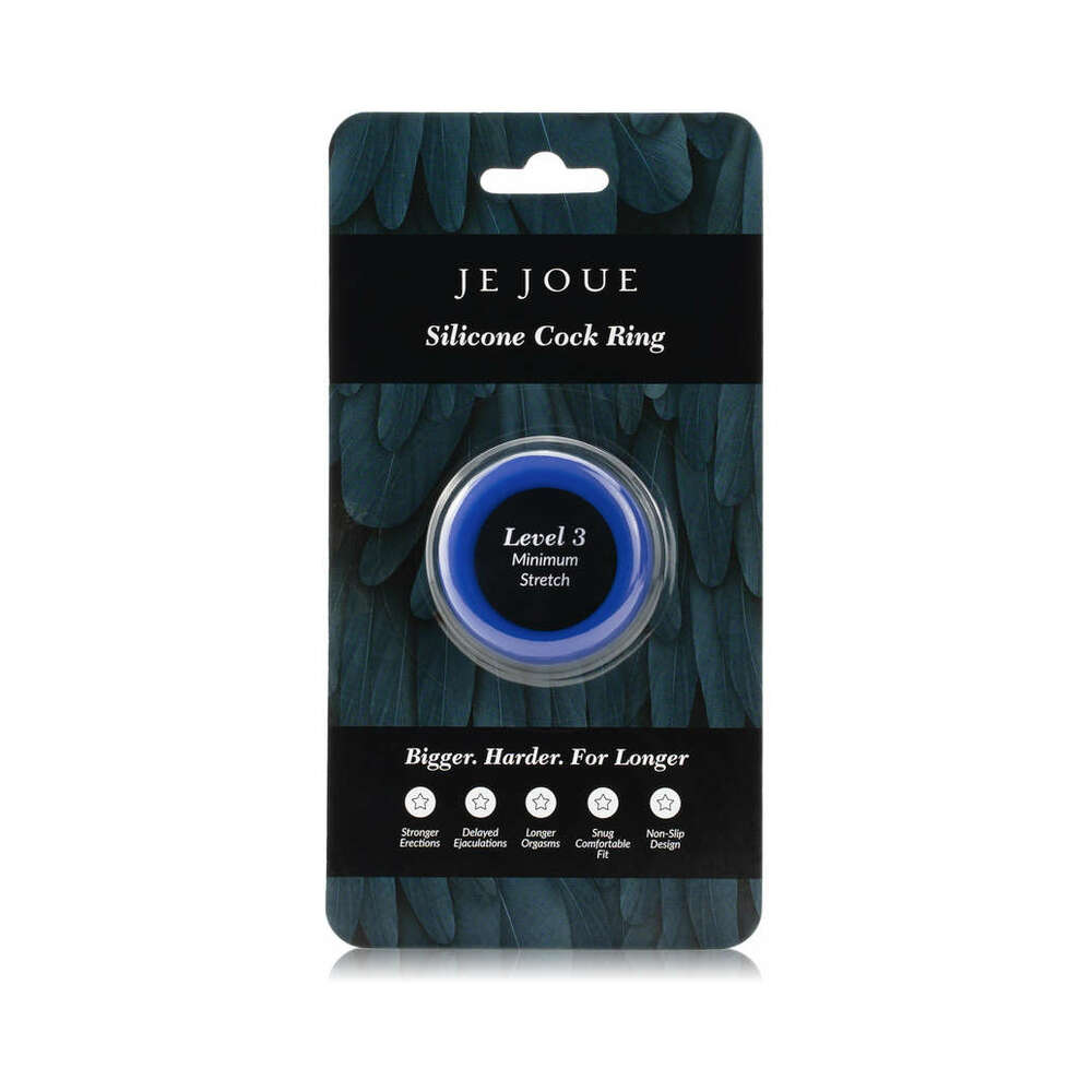 Je Joue Silicone Ring Minimum Stretch Blue Front package view of blue Level 3 silicone cock ring