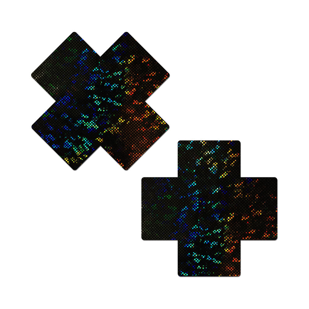Pastease Plus X Black Disco Ball Full Breast Covers Support Tape pair of black X-shaped full breast covers with multicolor holographic reflections
