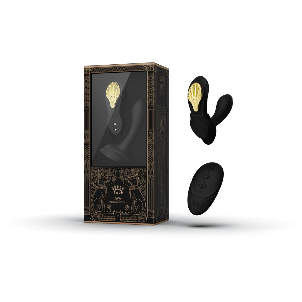 Zalo Legend Series Aya Obsidian Black Zalo Legend Aya Obsidian Black dual-arm vibrator with remote beside the windowed black and gold retail box