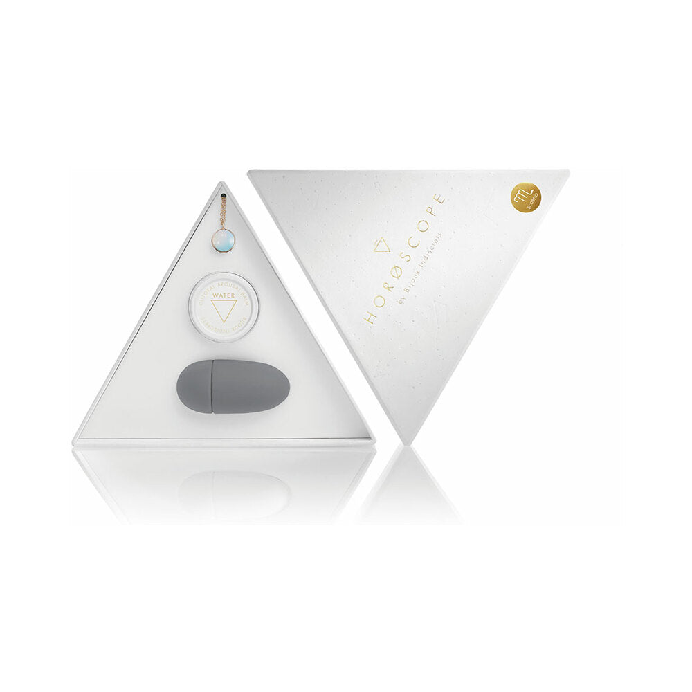 Bijoux Indiscrets Horoscope Kit Scorpio open white triangular Scorpio Horoscope kit with pale stone necklace balm and gray vibrator