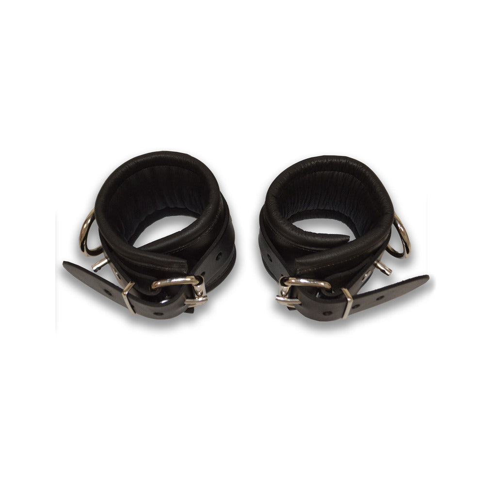 Prowler RED Leather Lockable Ankle Restraints L/XL Pair of Prowler RED L/XL black ankle cuffs coiled with buckles visible