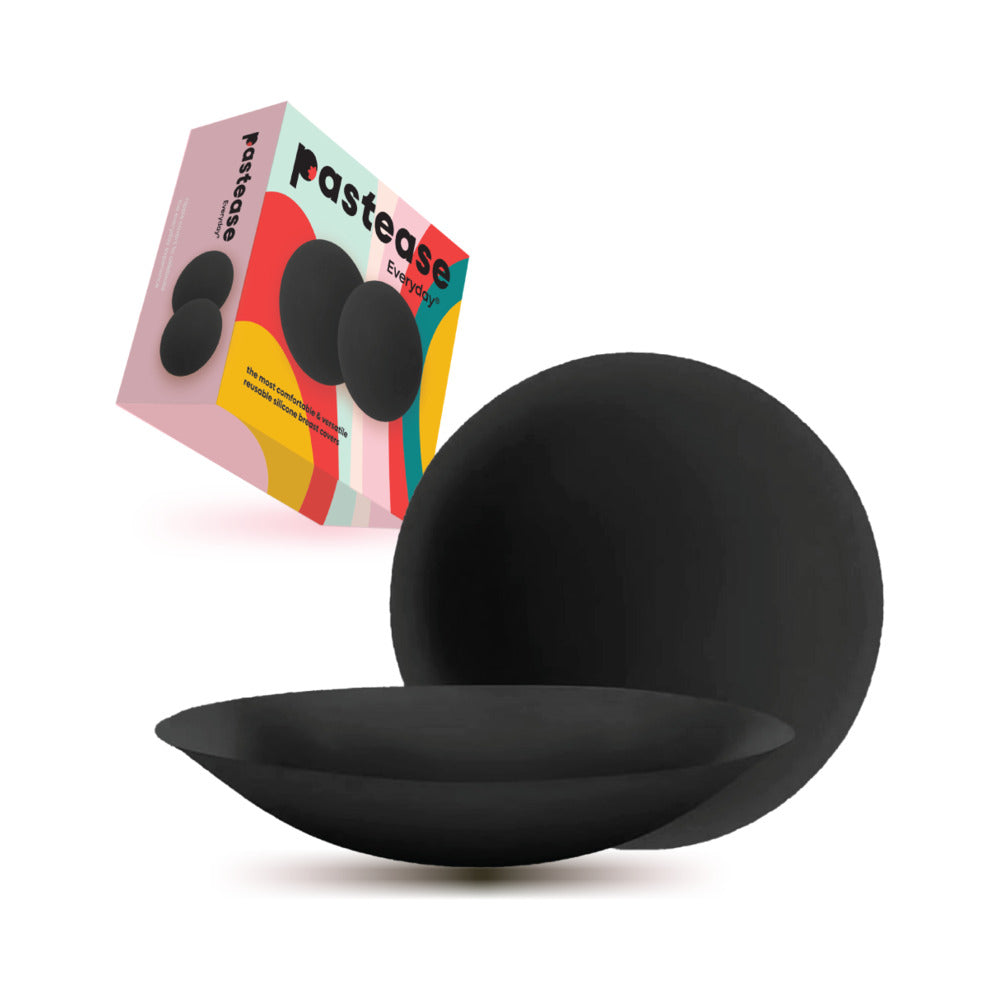 Pastease Everyday Resuable Silicone Breast Covers with Travel Box Small A-C Cup Pastease Everyday black silicone breast covers for A-C cups open travel box with one cover upright and one lying flat