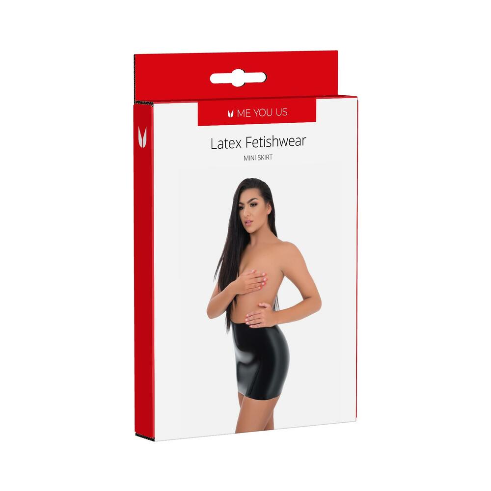 Me You Us Latex Mini Skirt Large model wearing black Me You Us latex mini skirt on retail box, size Large