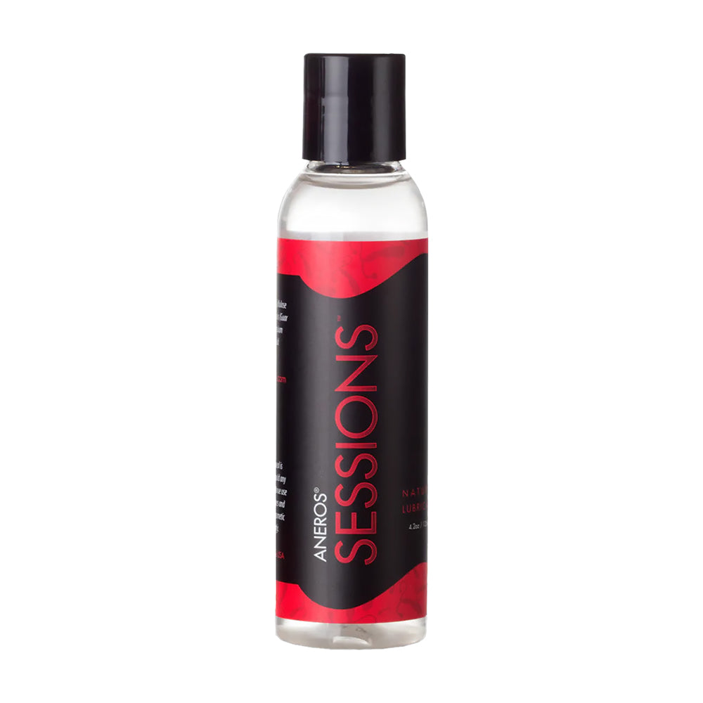 Aneros Sessions Water-Based Lubricant 4.2 oz. Aneros Sessions 4.2 oz clear bottle with black cap and red black label
