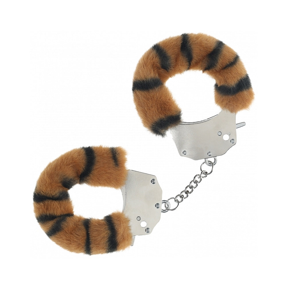 Ouch! Heavy-Duty Fluffy Handcuffs Tiger Shots Ouch tiger-striped fluffy iron handcuffs joined by a short silver chain