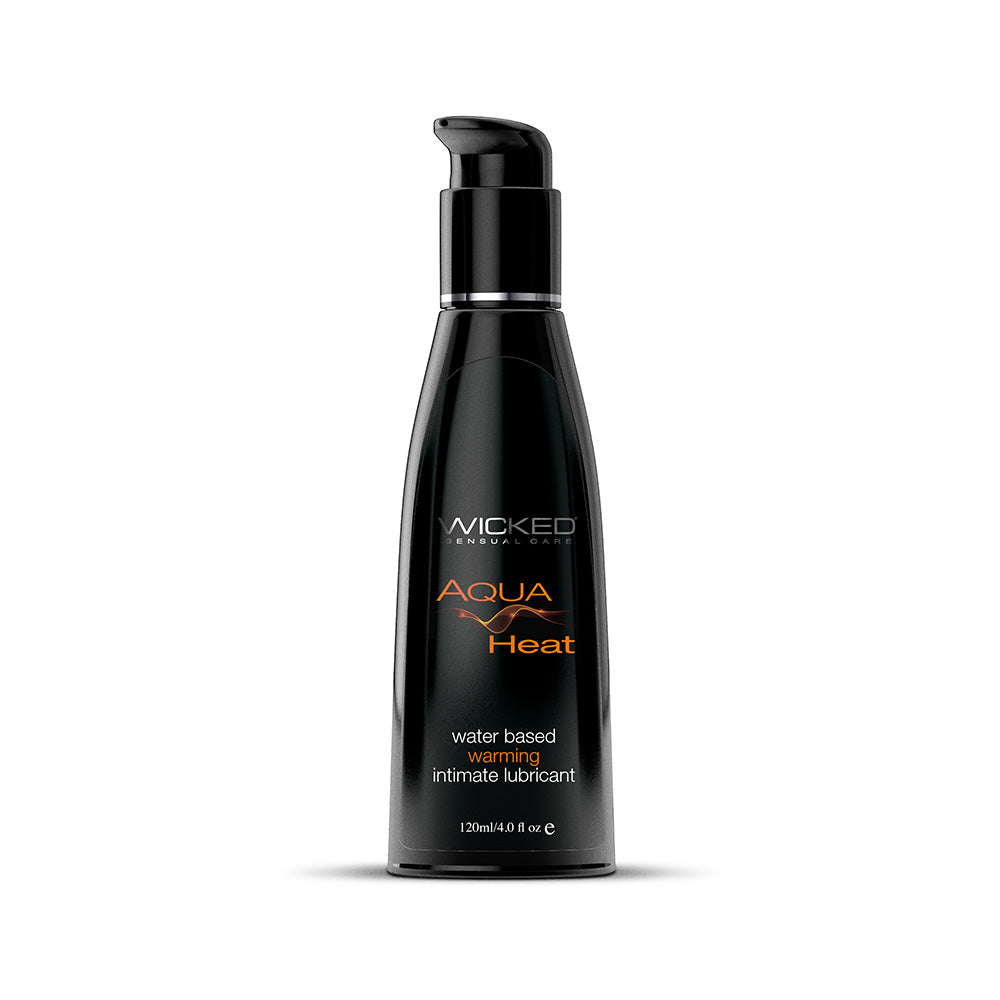 Wicked Aqua Heat Water-Based Warming Lubricant 4 oz. Wicked Aqua Heat 4-ounce lubricant black pump bottle front view