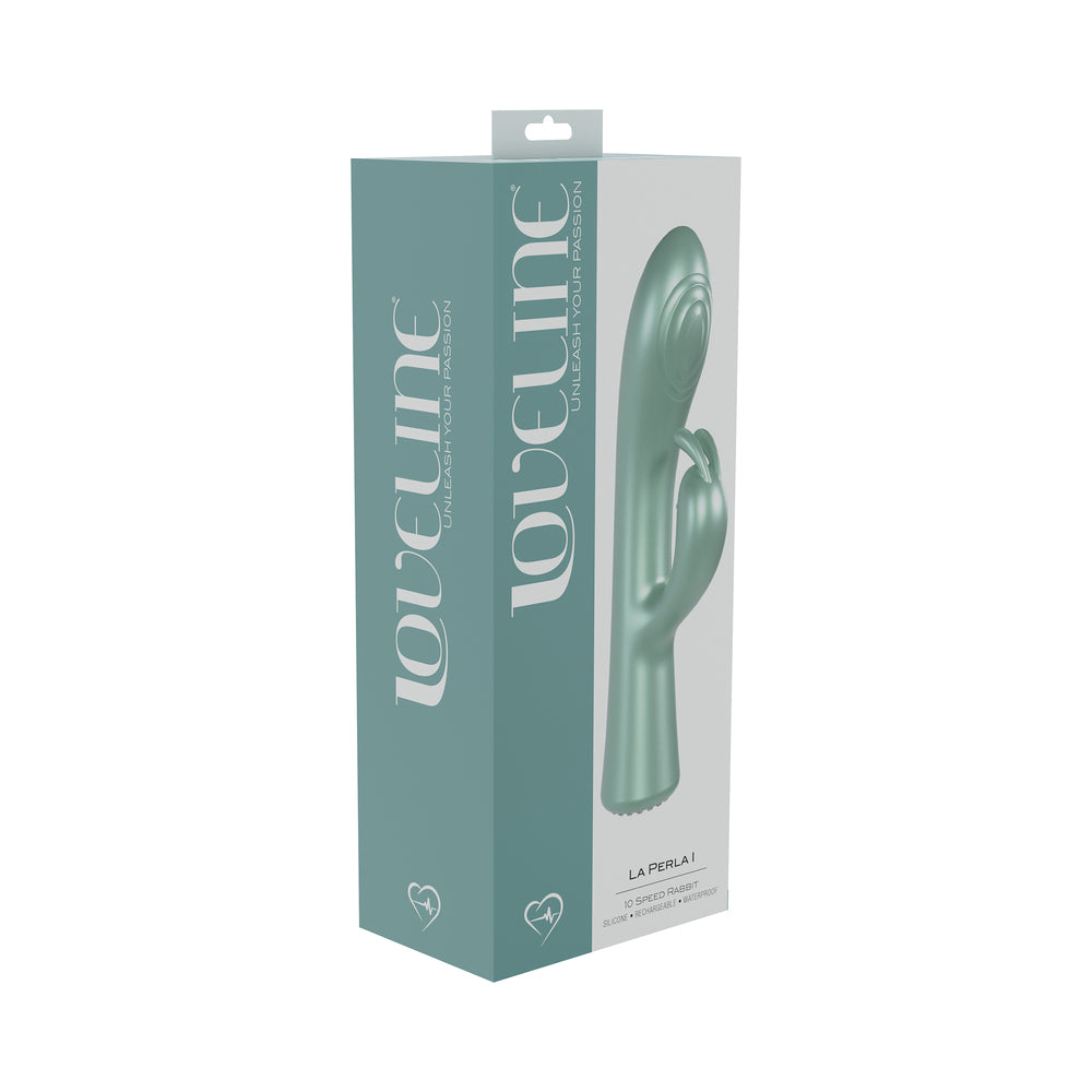 LoveLine La Perla I Rechargeable Silicone Rabbit Green green LoveLine La Perla I rabbit vibrator with spiral tip pictured on teal box