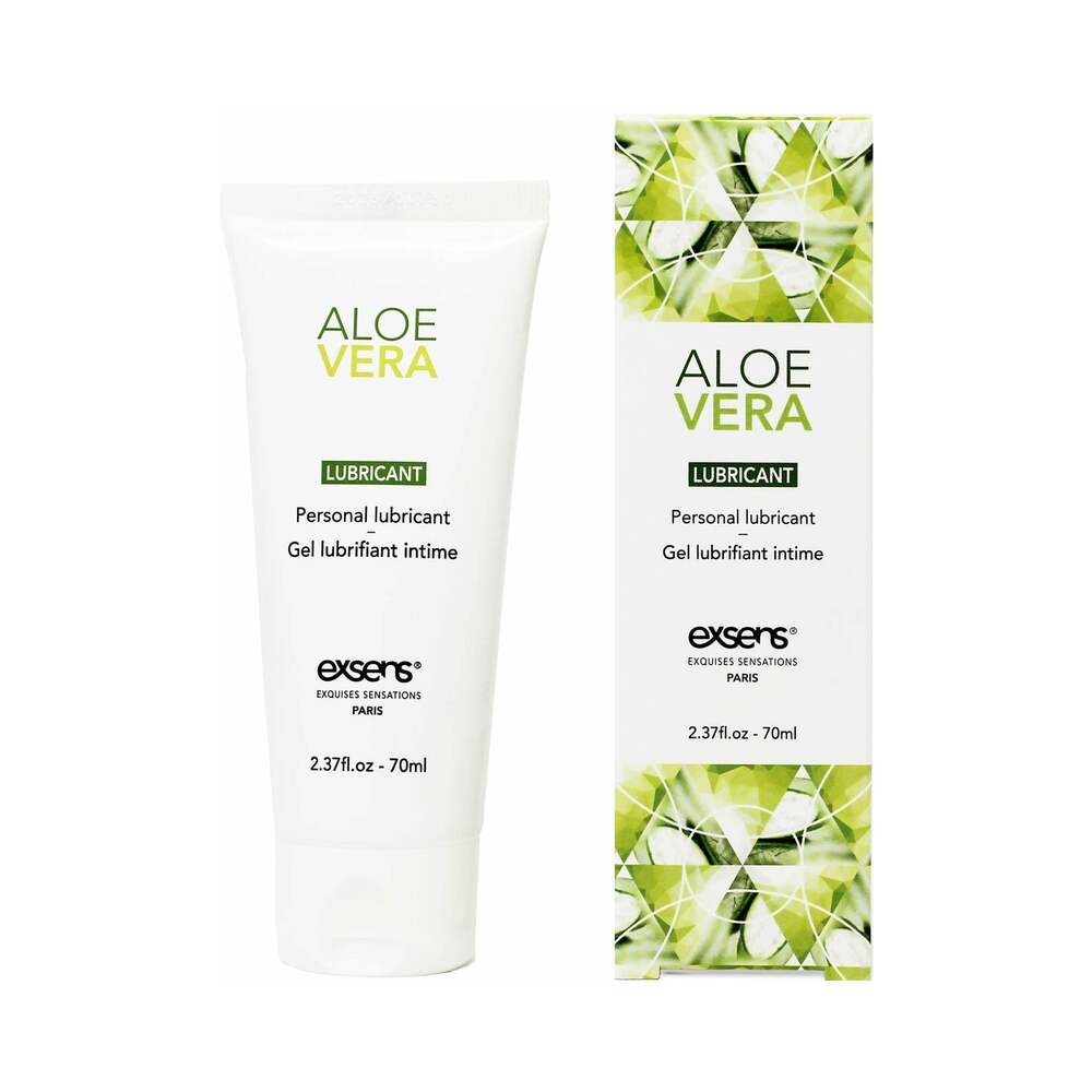 Exsens Aloe Vera Personal Lubricant 2.4 oz. white Exsens Aloe Vera 2.4 oz lubricant tube beside green patterned carton
