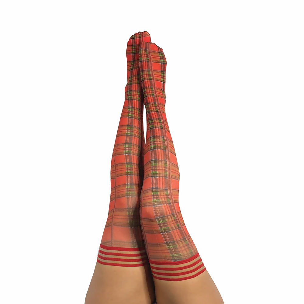 Kixies Grace Plaid Thigh-High Red Size D red plaid Kixies Grace Size D thigh-high stockings with striped top bands