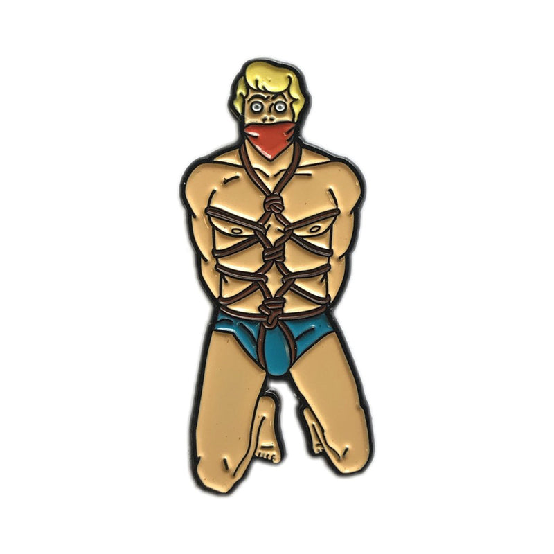 Geeky & Kinky The Blonde Guy Enamel Pin blonde kneeling character enamel pin with rope harness and blue briefs