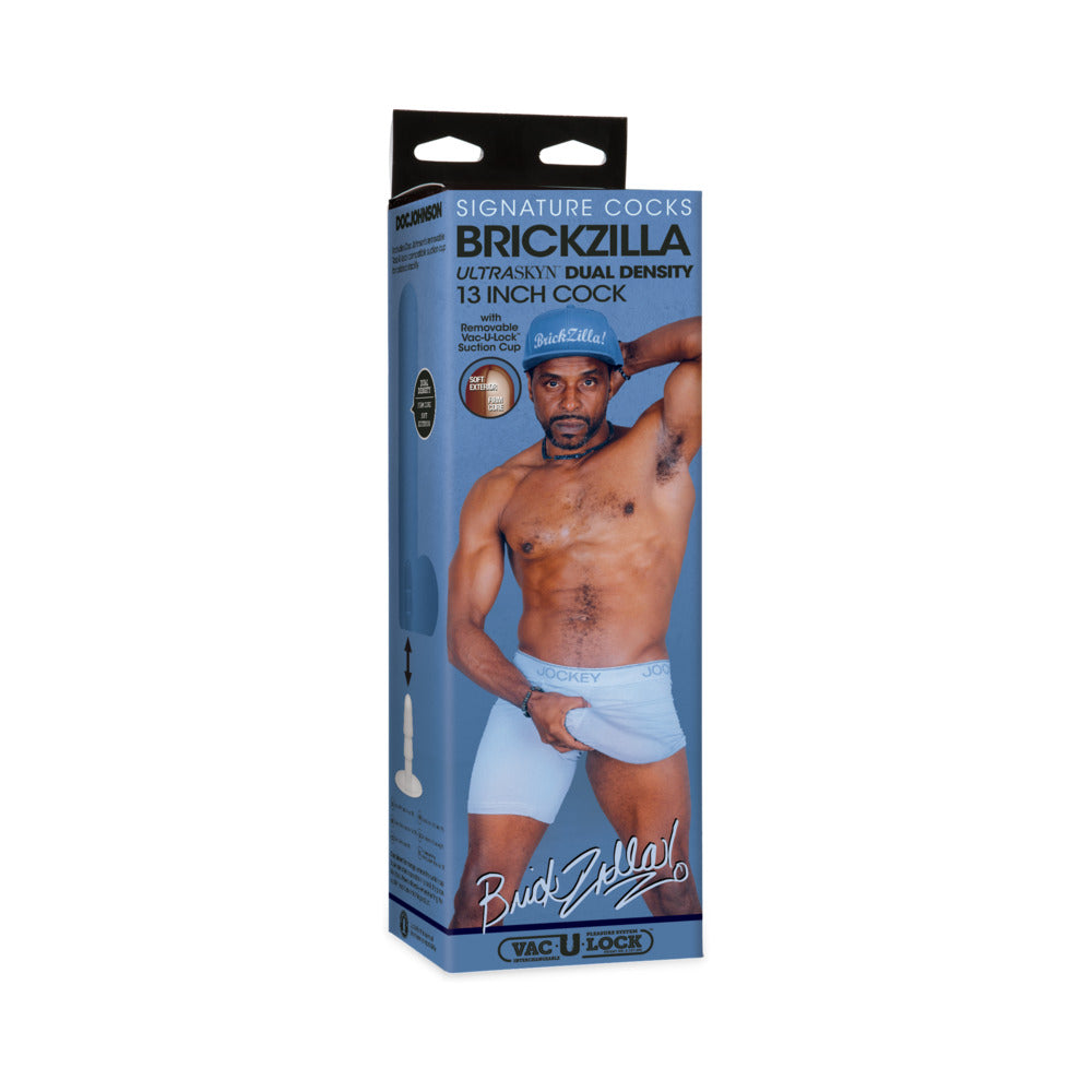 Signature Cocks Brickzilla ULTRASKYN Cock with Removable Vac-U-Lock Suction Cup 13in Chocolate Brickzilla chocolate ULTRASKYN dildo in tall blue retail box