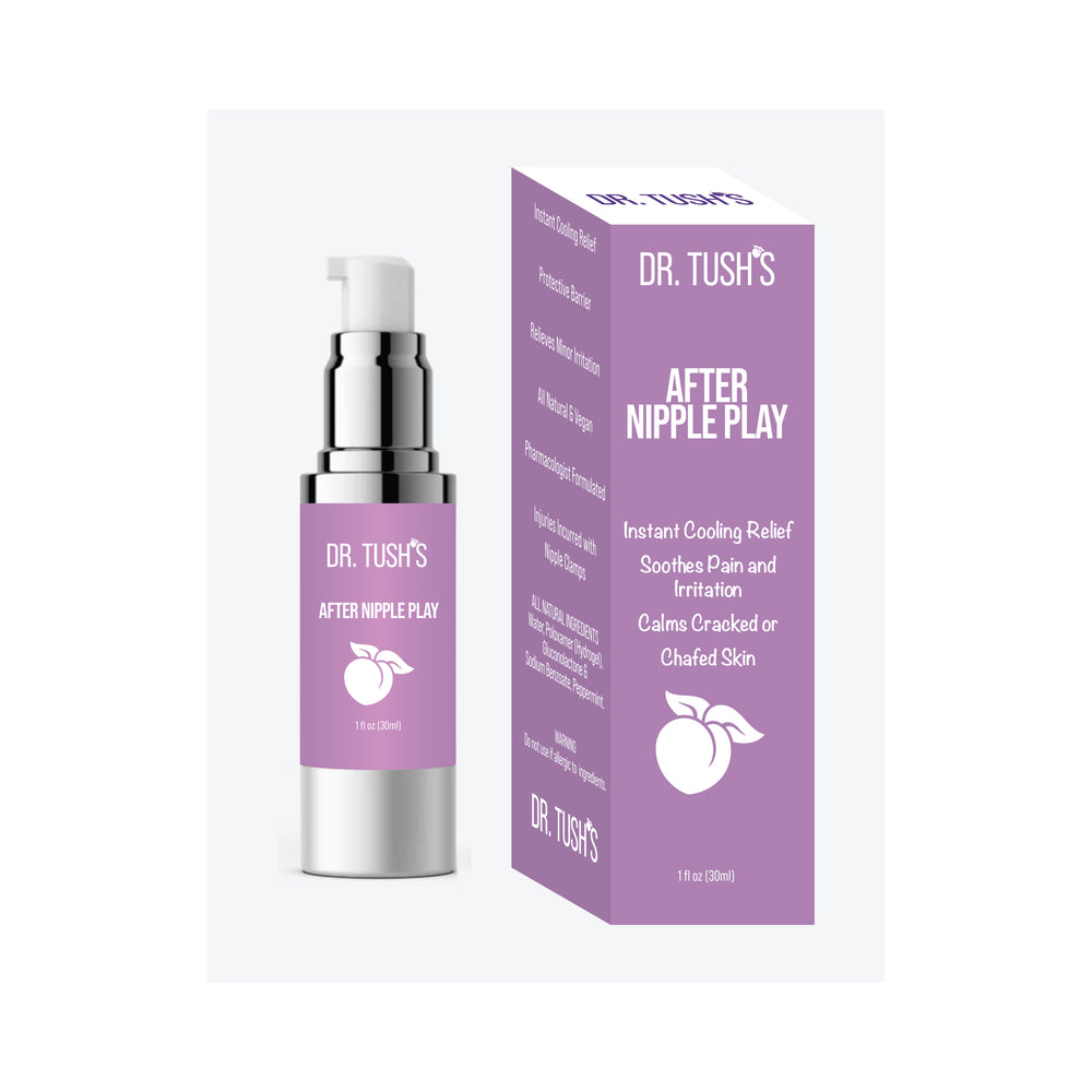 Dr. Tush''s After Nipple Play 1 oz. Dr. Tush's After Nipple Play pump bottle beside lavender box