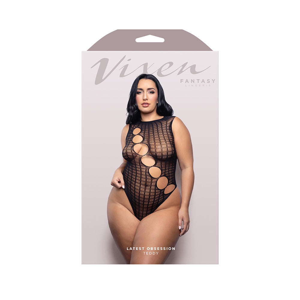 Fantasy Lingerie Vixen Latest Obsession Teddy with Diagonal Rhinestone Accent Cut-Outs Black Queen Size Latest Obsession black cutout teddy Queen retail box
