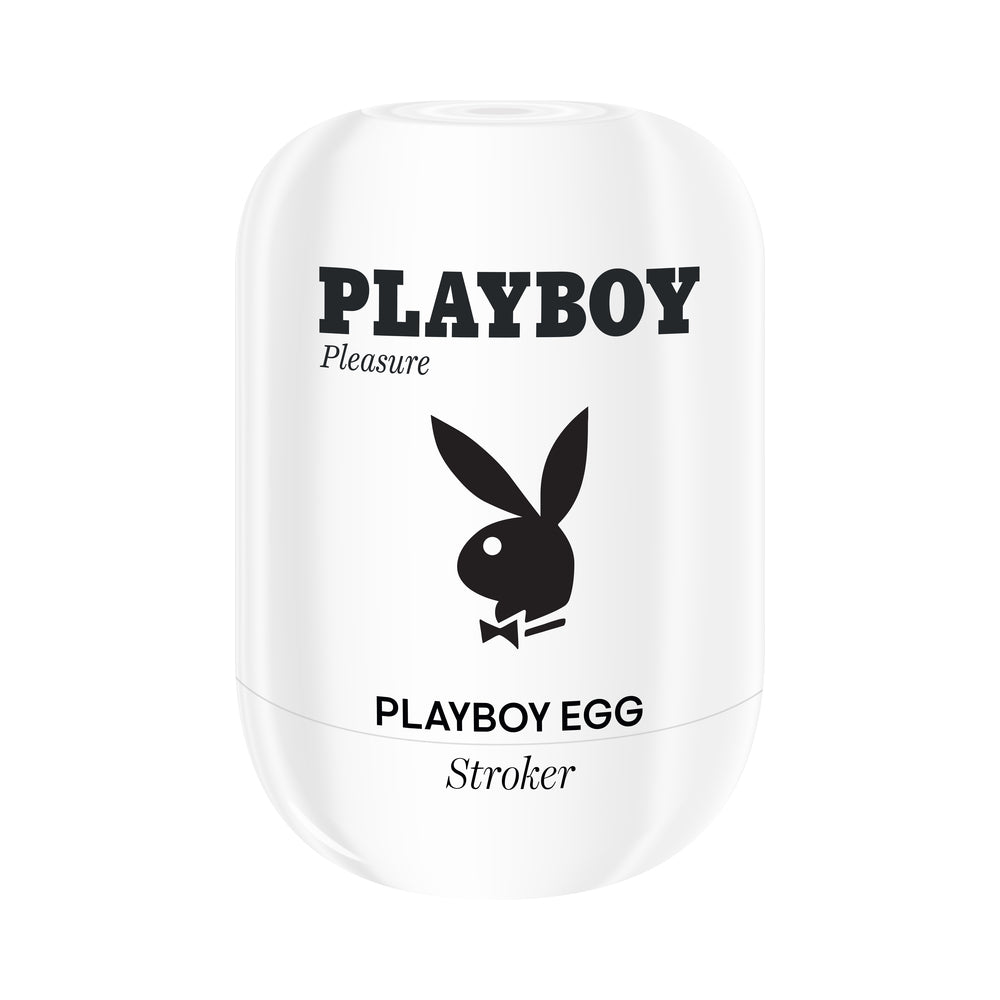 Playboy Pleasures 70th Anniversary Egg Stroker Closed white Playboy Egg Stroker case with black rabbit logo