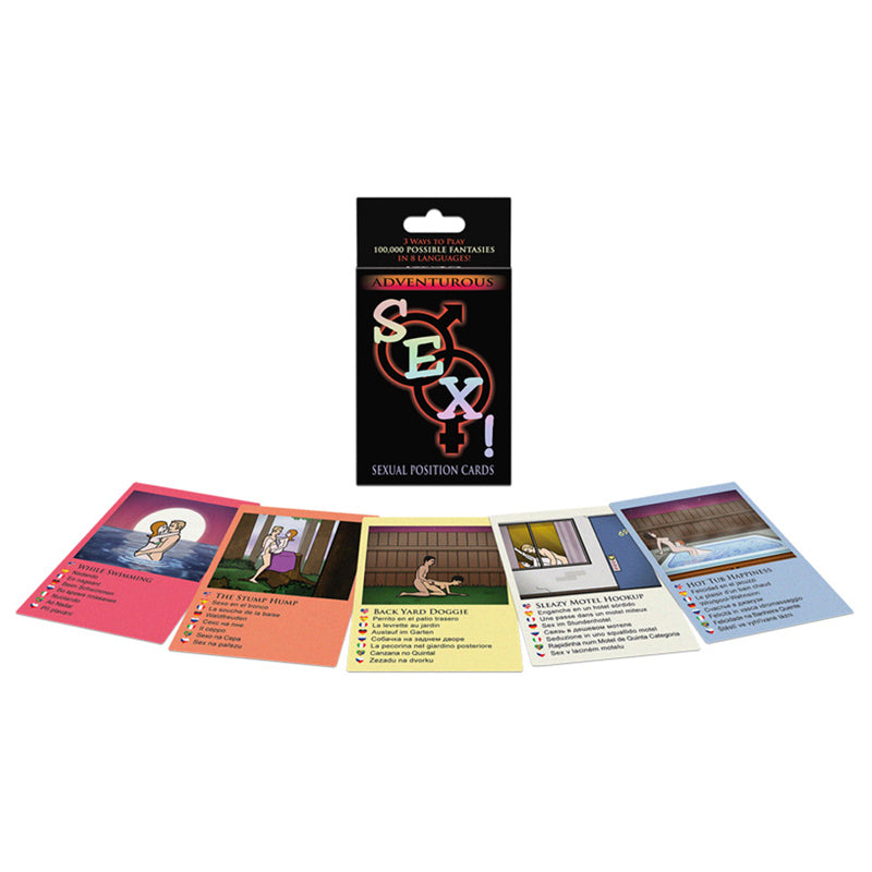 Adventurous Sex Card Game Kheper Adventurous Position Card Game black hanging carton with five illustrated sample cards