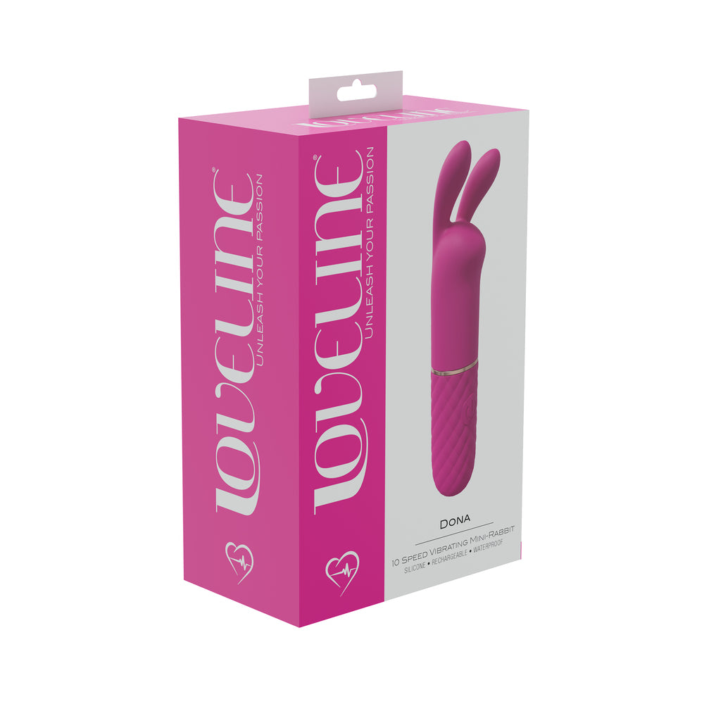 LoveLine Dona 10 Speed Vibrating Mini-Rabbit Silicone Rechargeable Waterproof Pink pink LoveLine Dona mini rabbit vibrator pictured on magenta box