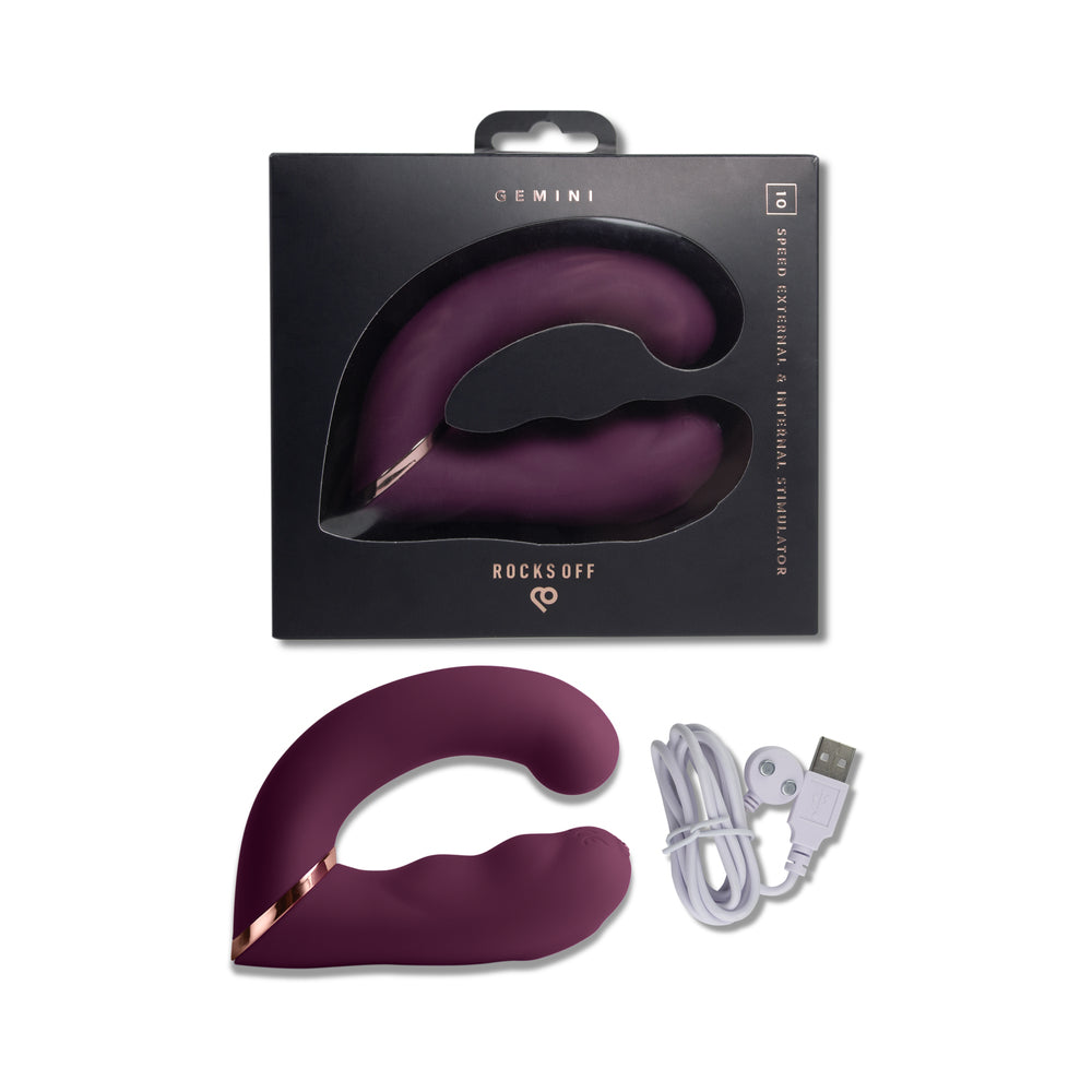 Rocks-Off Gemini Dual Stimulator Burgundy Burgundy Rocks-Off Gemini dual-arm stimulator with cable and box