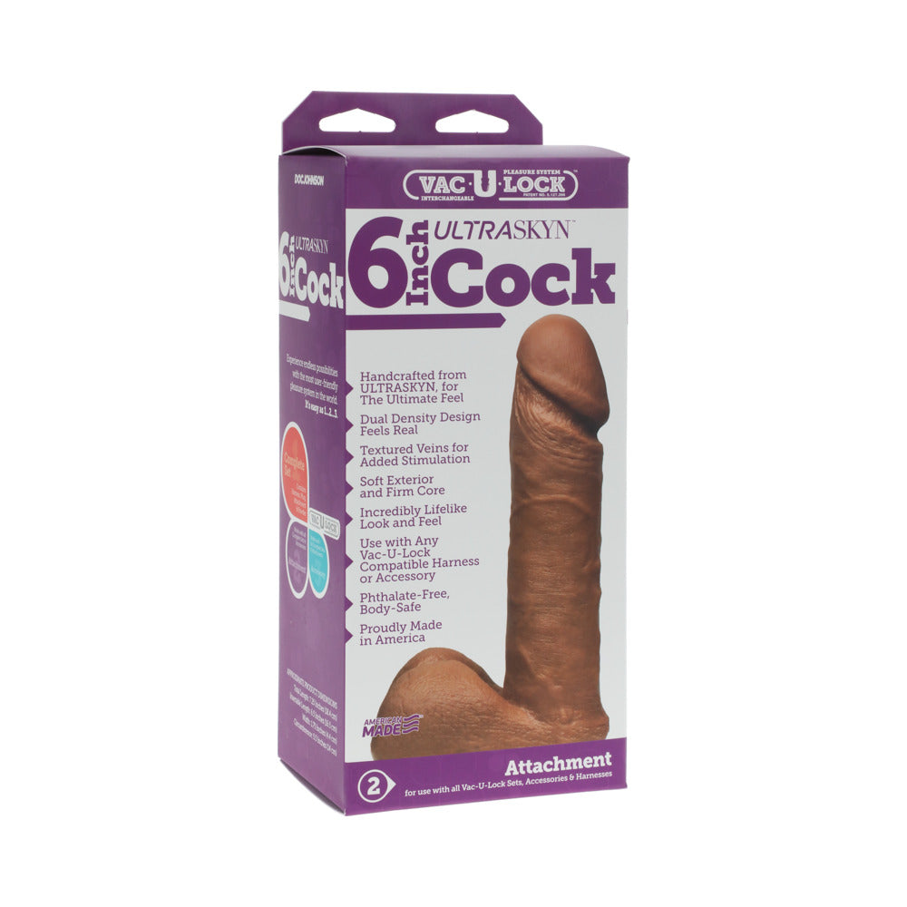 Vac-U-Lock - 6-Inch ULTRASKYN Cock Brown Brown Vac-U-Lock ULTRASKYN dildo beside retail package