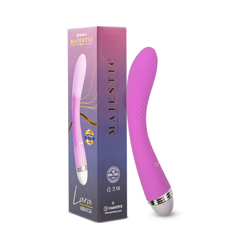 Camtoyz Vibrator Lara Camtoyz Lara magenta curved vibrator beside tall purple retail box