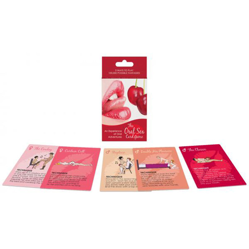 Oral Sex Card Game Kheper Games Oral Sex Card Game red retail box beside spread of illustrated cards