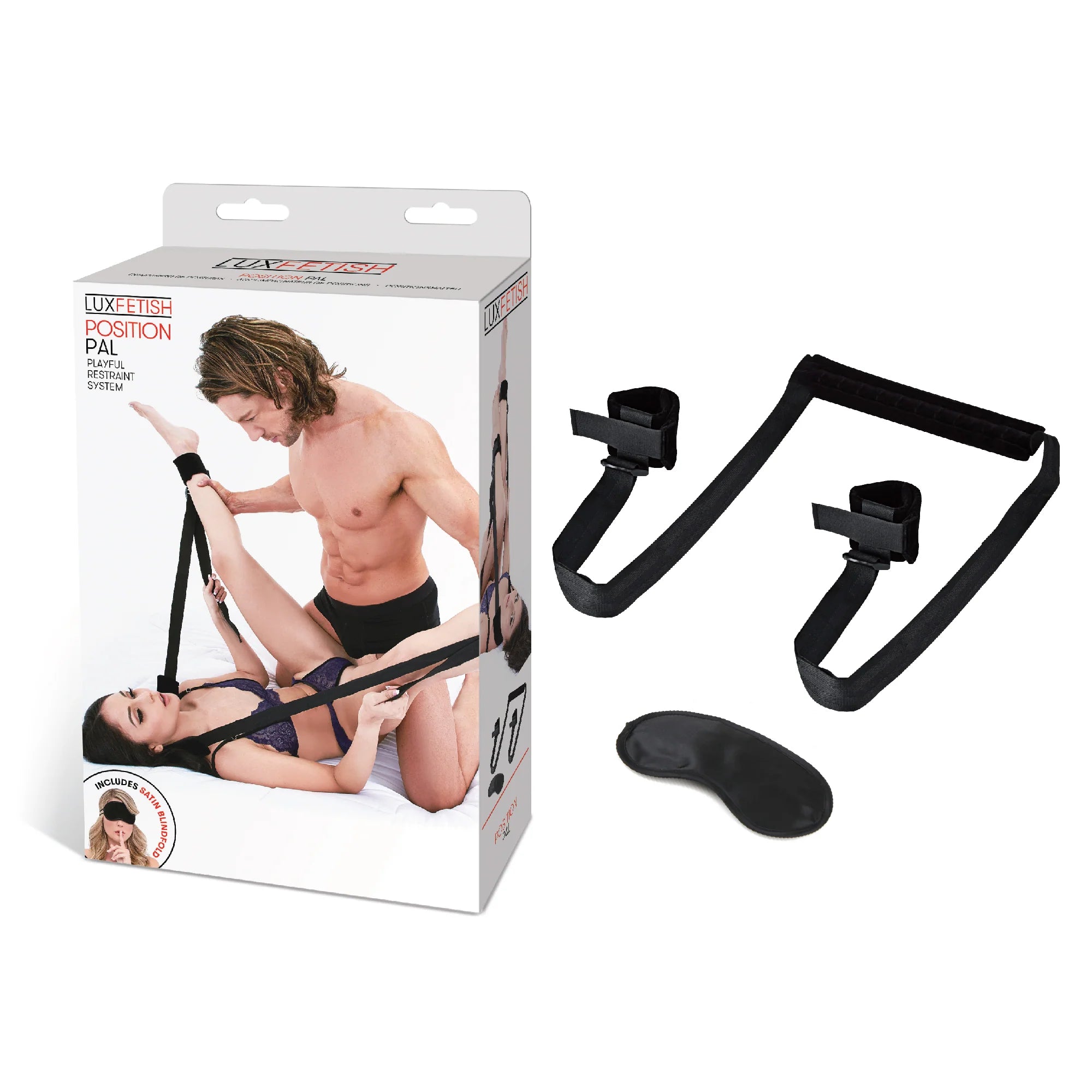 Lux Fetish Position Pal Bondage Accessory Lux Fetish Position Pal white retail box beside straps and eye mask