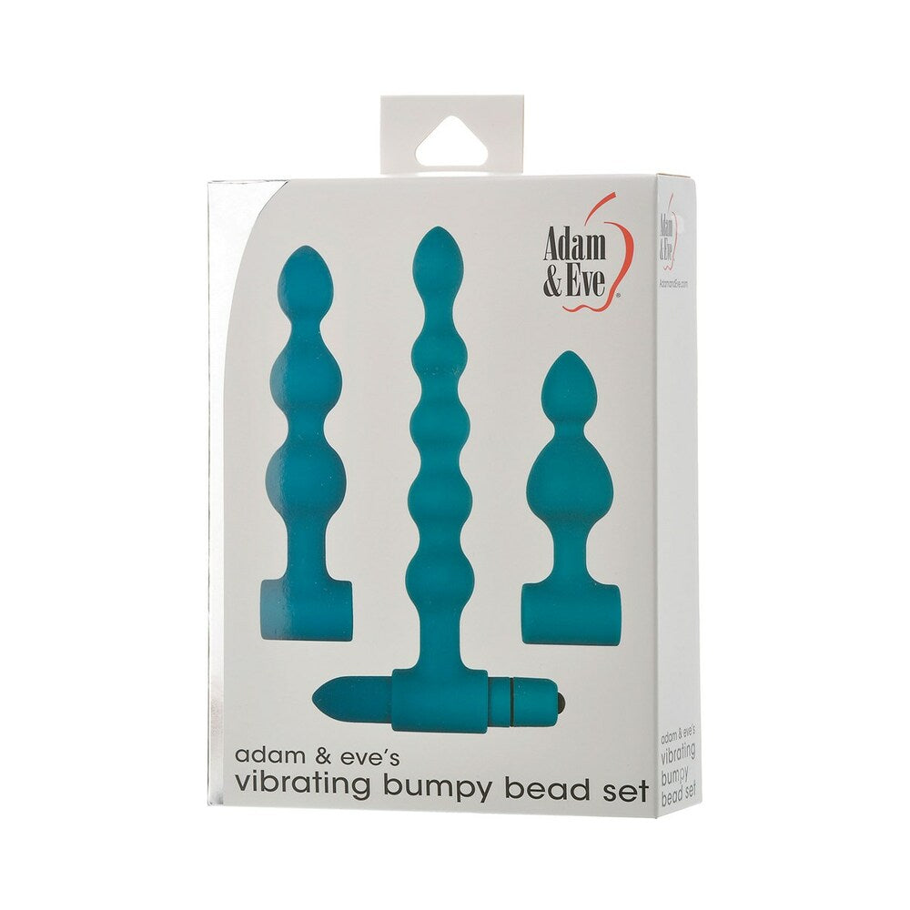 Adam & Eve Vibrating Bumpy Bead Set Adam & Eve Vibrating Bumpy Bead plug set three teal shapes pictured on white retail box