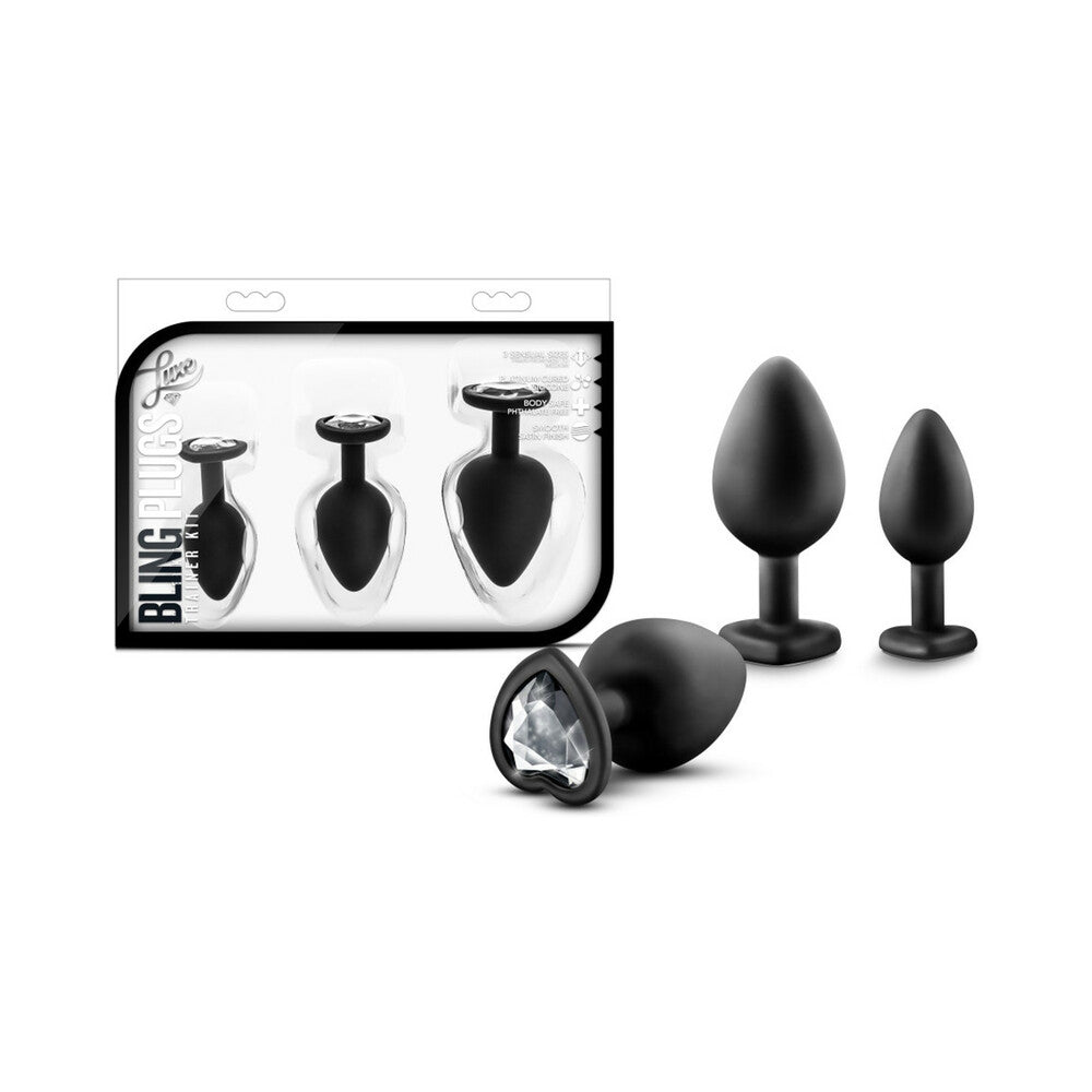 Luxe 3-Piece Bling Plug Training Kit with White Gem Base Black Blush Luxe black plug kit with white gem bases and box