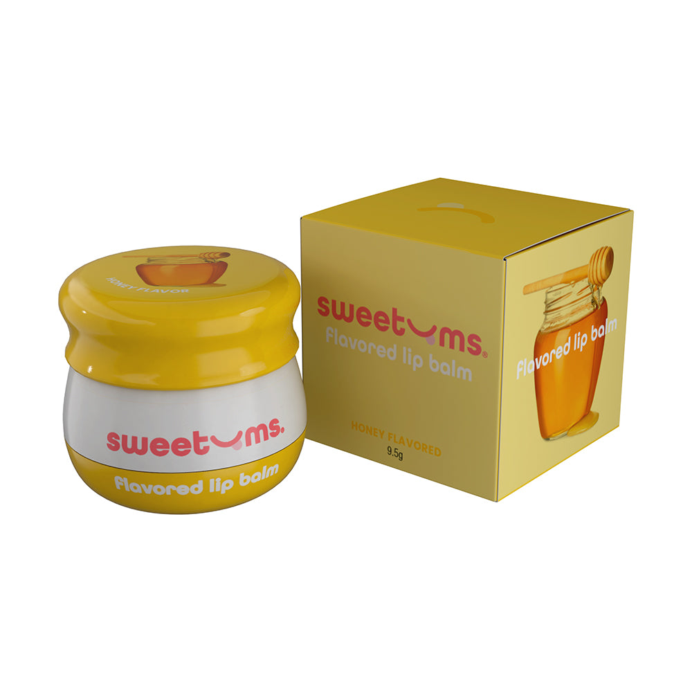 Sweetums Flavored Lip Balm Honey Sweetums Honey Lip Balm jar and honeycomb-illustrated retail box