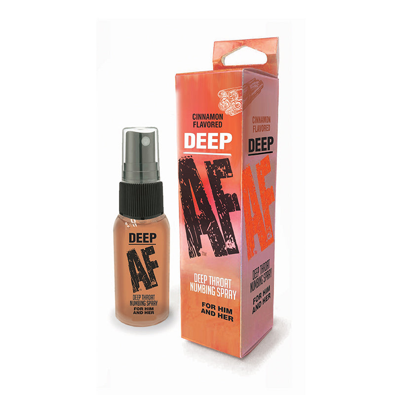 Deep AF Cinnamon Flavored Deep Throat Numbing Spray 1 oz. Amber 1 oz cinnamon spray bottle beside orange retail carton