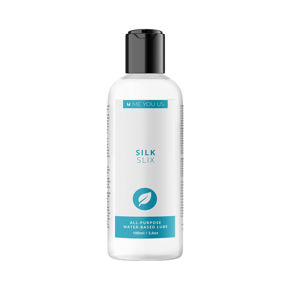 Me You Us Silk Slix Water-Based Lubricant Clear 3.3 oz. Me You Us Silk Slix clear 3.3 oz bottle with turquoise label and black cap
