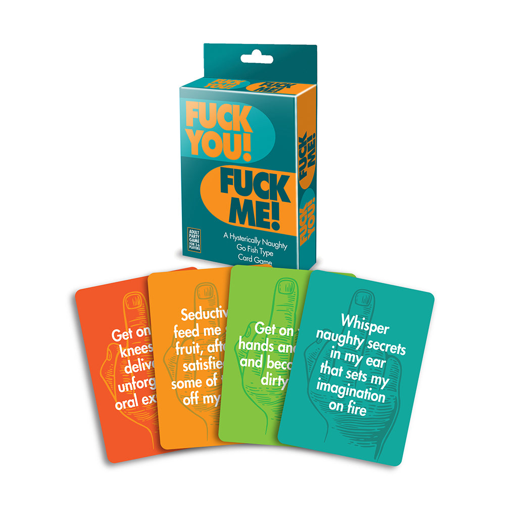 F*ck You F*ck Me Card Game teal and orange F*ck You F*ck Me box with four multicolor cards