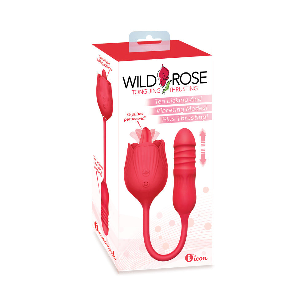 Wild Rose Lick and Thrust Suction Vibe Wild Rose Lick and Thrust red dual-ended device pictured on retail box