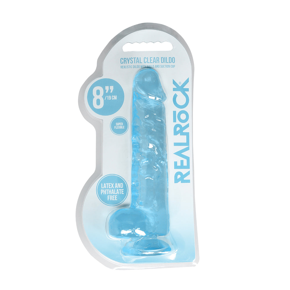 RealRock Crystal Clear Realistic 8 in. Dildo With Balls and Suction Cup Blue Blue RealRock Crystal Clear 8-inch dildo in retail pack