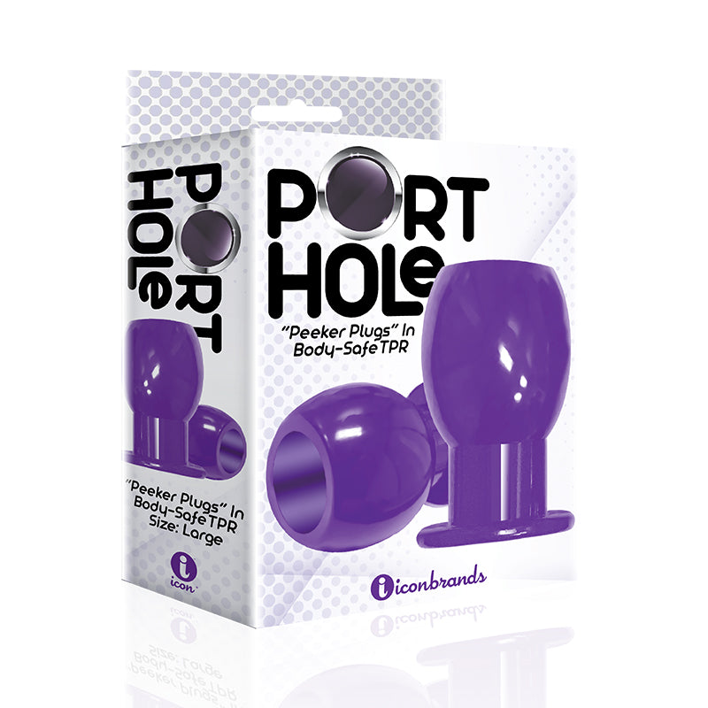 The 9''s Port Hole Hollow Butt Plug Purple Purple Port Hole hollow tunnel plug beside white and purple box