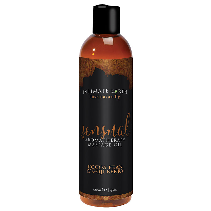 Intimate Earth Sensual Massage Oil 120 ml/4 oz Intimate Earth Sensual Massage Oil amber 4 oz bottle with black cocoa goji label