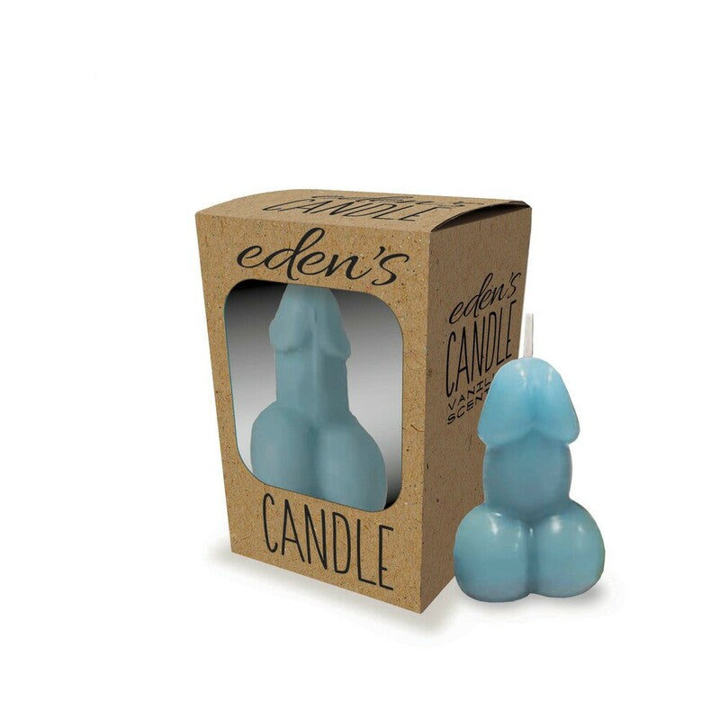 Eden''s Penis Candle Blue blue sculpted Eden's penis candle with white wick beside kraft window packaging