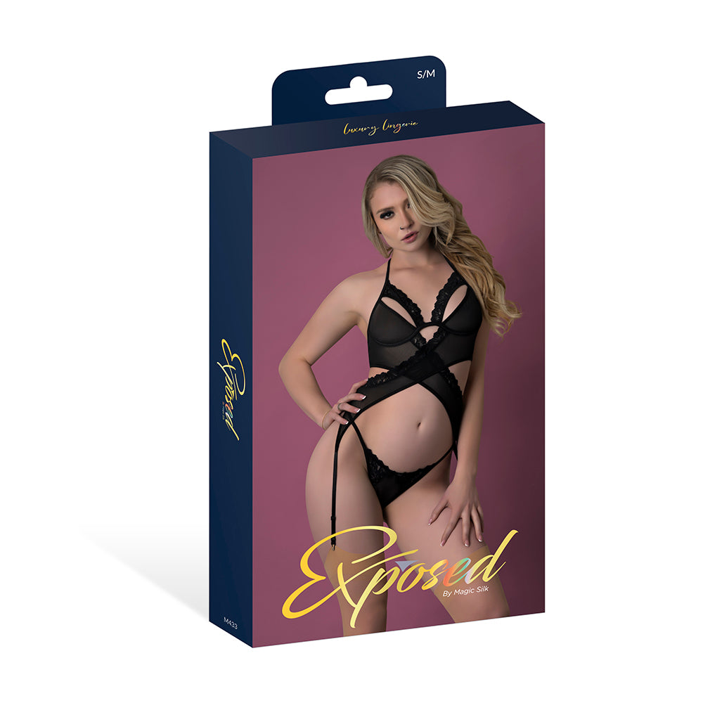 Magic Silk Rush Merry Widow & Panty Set Black L/XL Magic Silk Rush black merry widow set L/XL displayed in purple retail packaging
