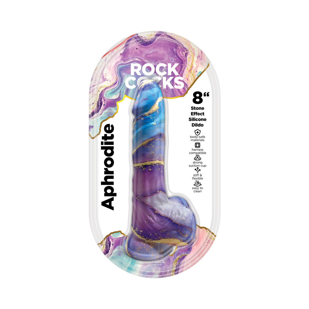 Rock Cocks Aphrodite Marble Silicone Dildo 8 in. Rock Cocks Aphrodite 8-inch purple-blue marbled dildo in clear retail pack