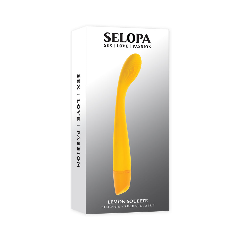 Selopa Lemon Squeeze Rechargeable Vibe Silicone Yellow Selopa Lemon Squeeze retail box with yellow curved vibrator