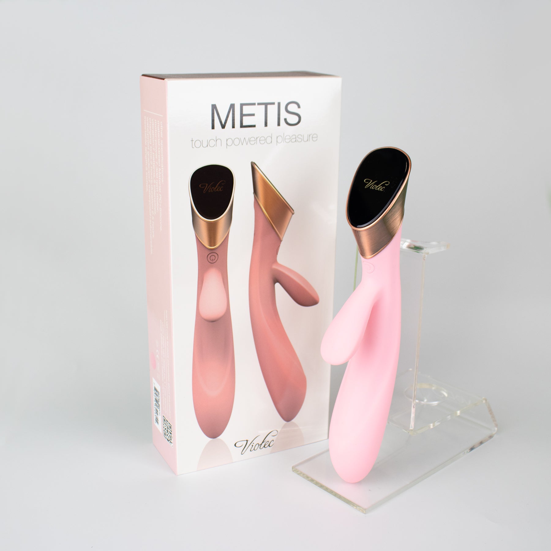 Metis Touch Panel Rabbit Vibrator Pink Light pink Viotec Metis rabbit vibrator beside retail box