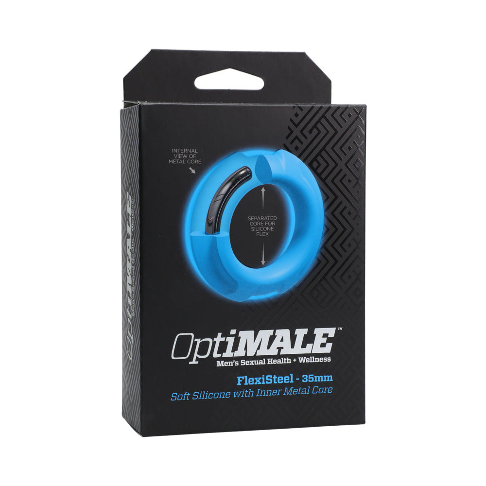 OptiMALE FlexiSteel Silicone, Metal Core Cock Ring 35 mm Blue Doc Johnson OptiMALE blue FlexiSteel ring displayed in black retail box